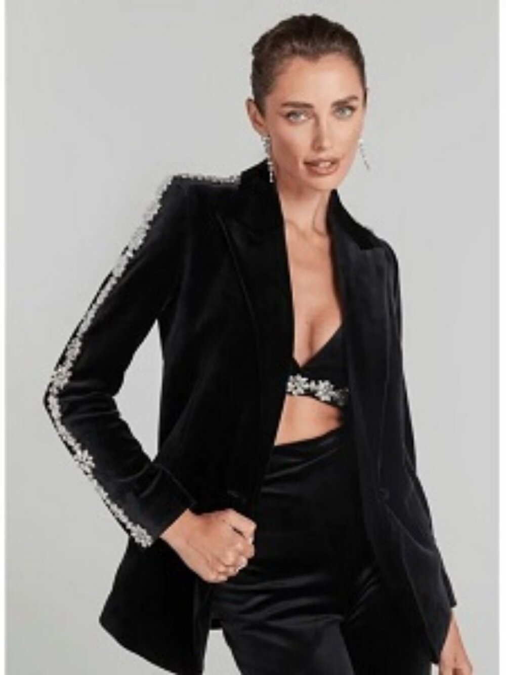 NWT Womens Nadine Merabi Davina Black Velvet Blazer With Rhinestones S/US 4